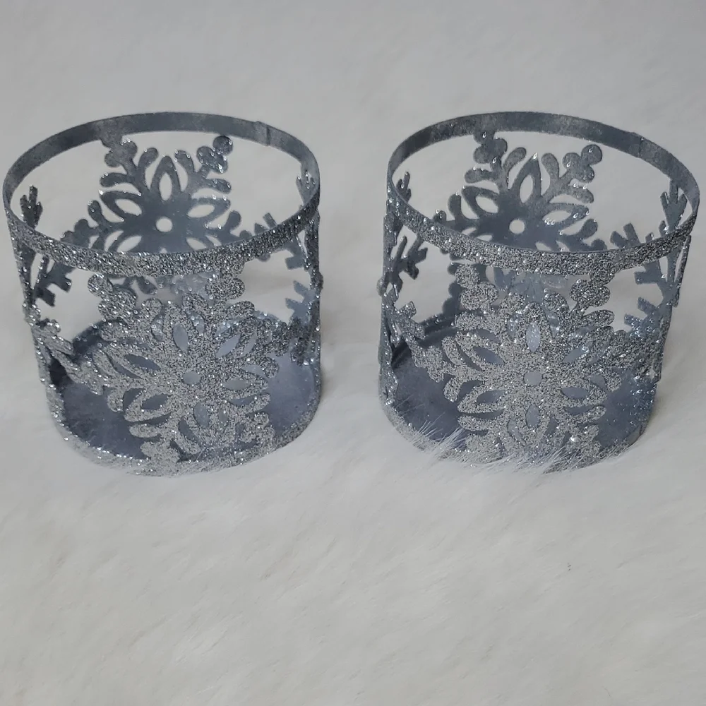 Silver Glitter Snowflake Candle Holders Set of 2 Holiday Winter